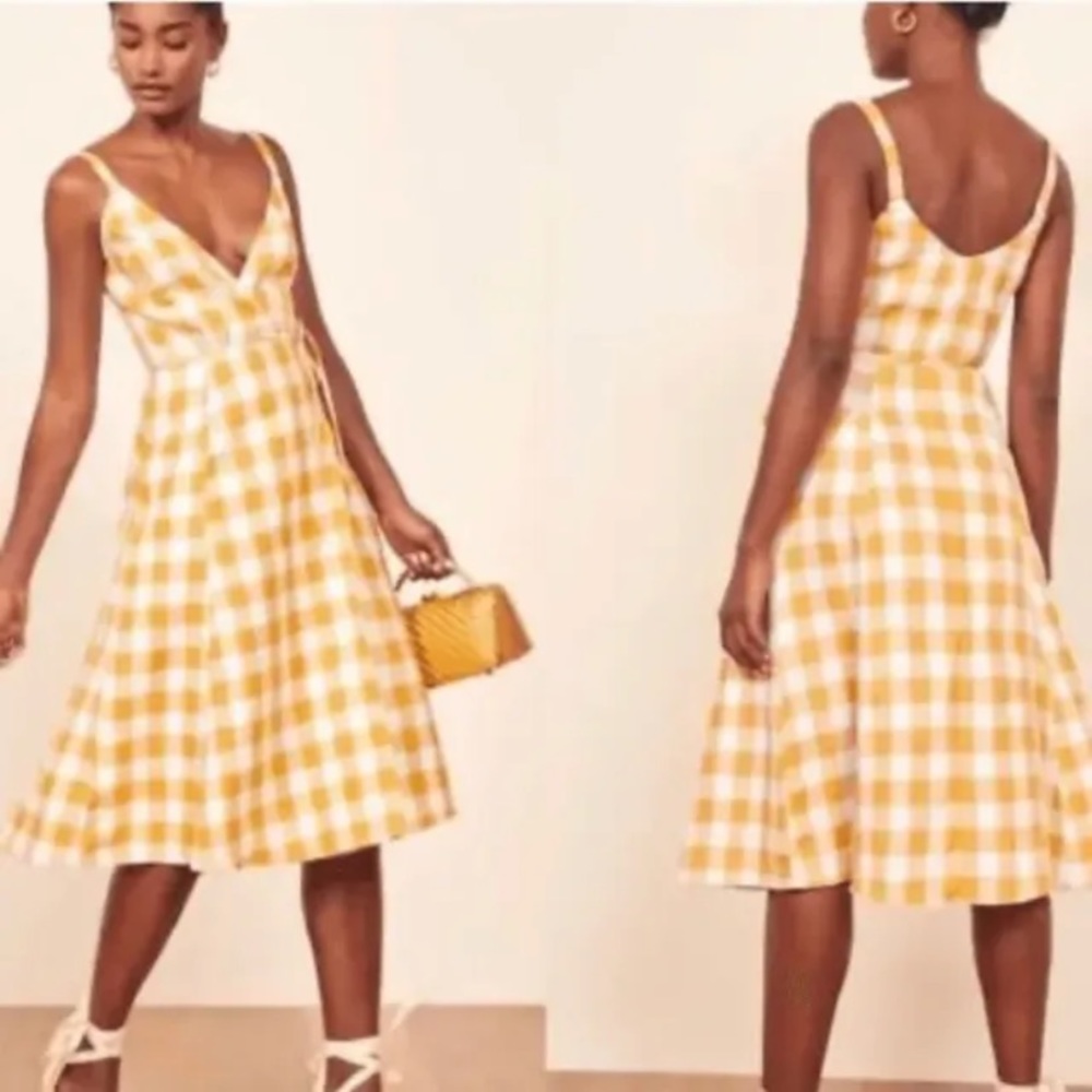 Reformation Beverly Linen Wrap Dress Yellow White Check, Size XS, Deep V Neck 💛